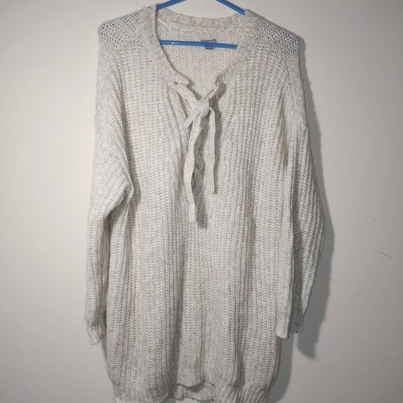 Aerie Alpaca Wool Blend Pullover Lace Up Sweater Size L Ivory/Oatmeal Heather - Picture 1 of 6